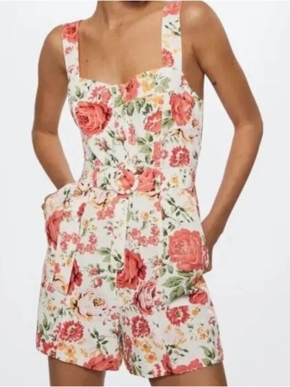 Mango White Romper with Pink and Yellow Floral Print